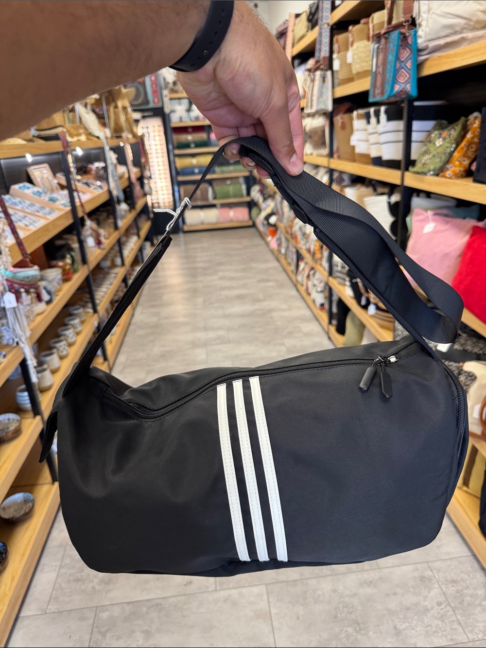 Black Shoulder Duffle Bag with White Stripe